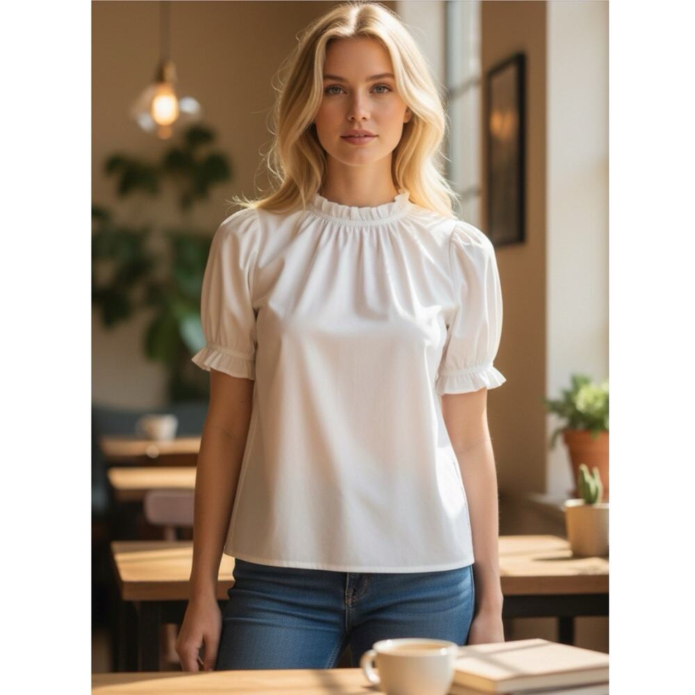 Hill House Kit White Ruffle Neck Blouse Sz Medium Minimalist Chic Romantic Top